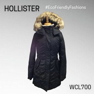 NWT Hollister California Women's Black Fur Hood All Weather Parka Jacket Size XS